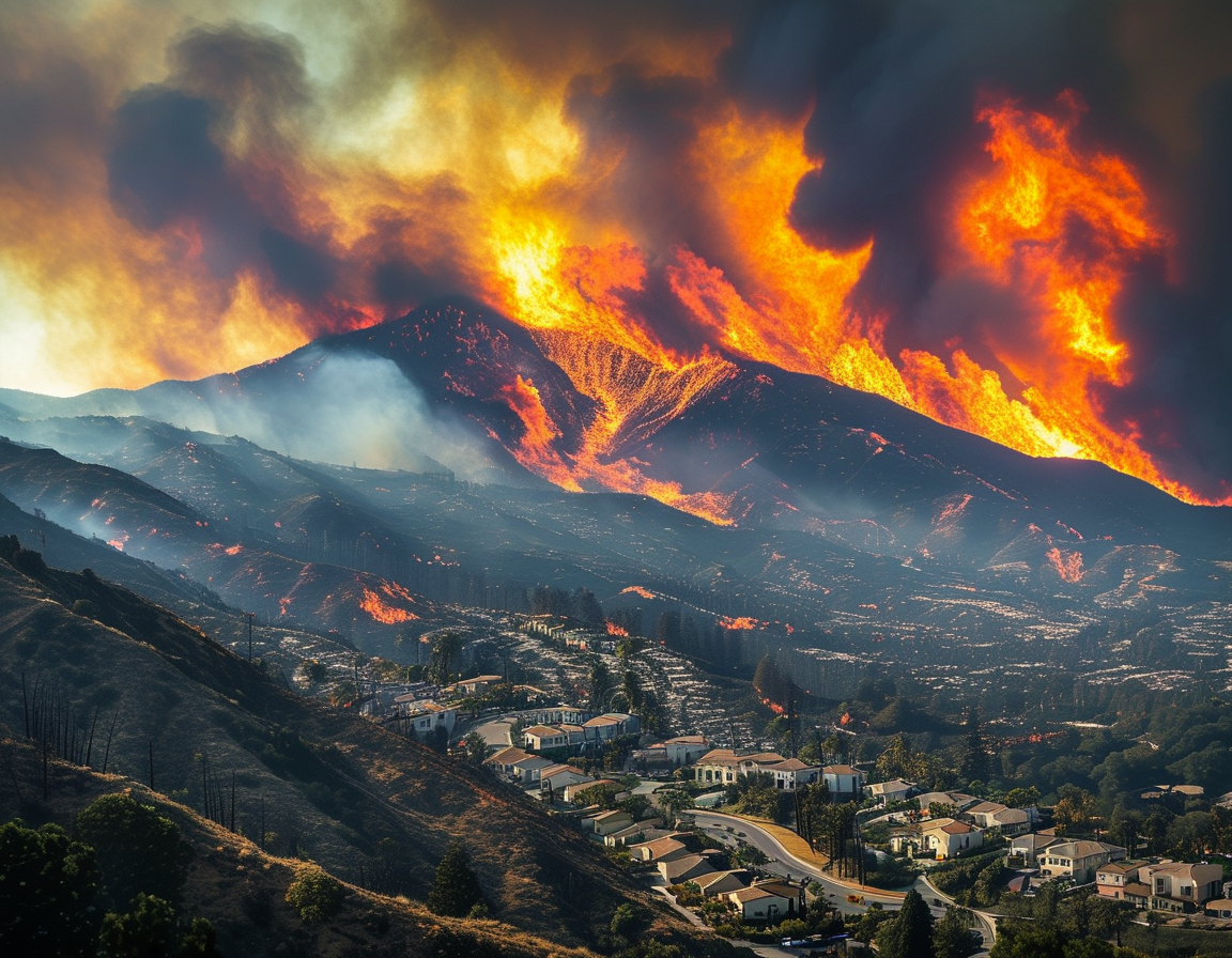 Firefighters battling a raging fire in the California wilderness, with bright flames and dense smoke filling the air, highlighting their heroic efforts amidst chaos.