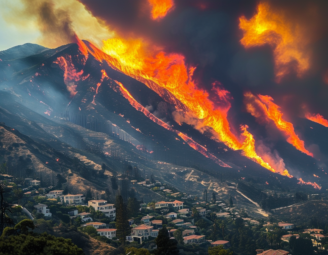 A family evacuating their home with personal belongings, looking back at their house surrounded by thick smoke, representing the emotional toll of wildfires.