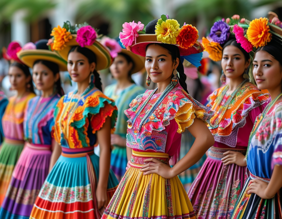 A vibrant fashion runway showcasing diverse Mexican models adorned in traditional textiles, embodying a blend of heritage and contemporary style, radiating confidence and beauty.