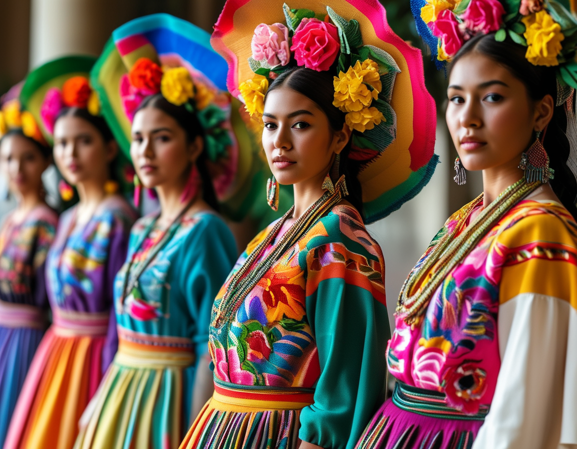 A close-up shot of a Mexican model with intricate traditional accessories, illustrating the cultural richness and diversity they bring to modern fashion.