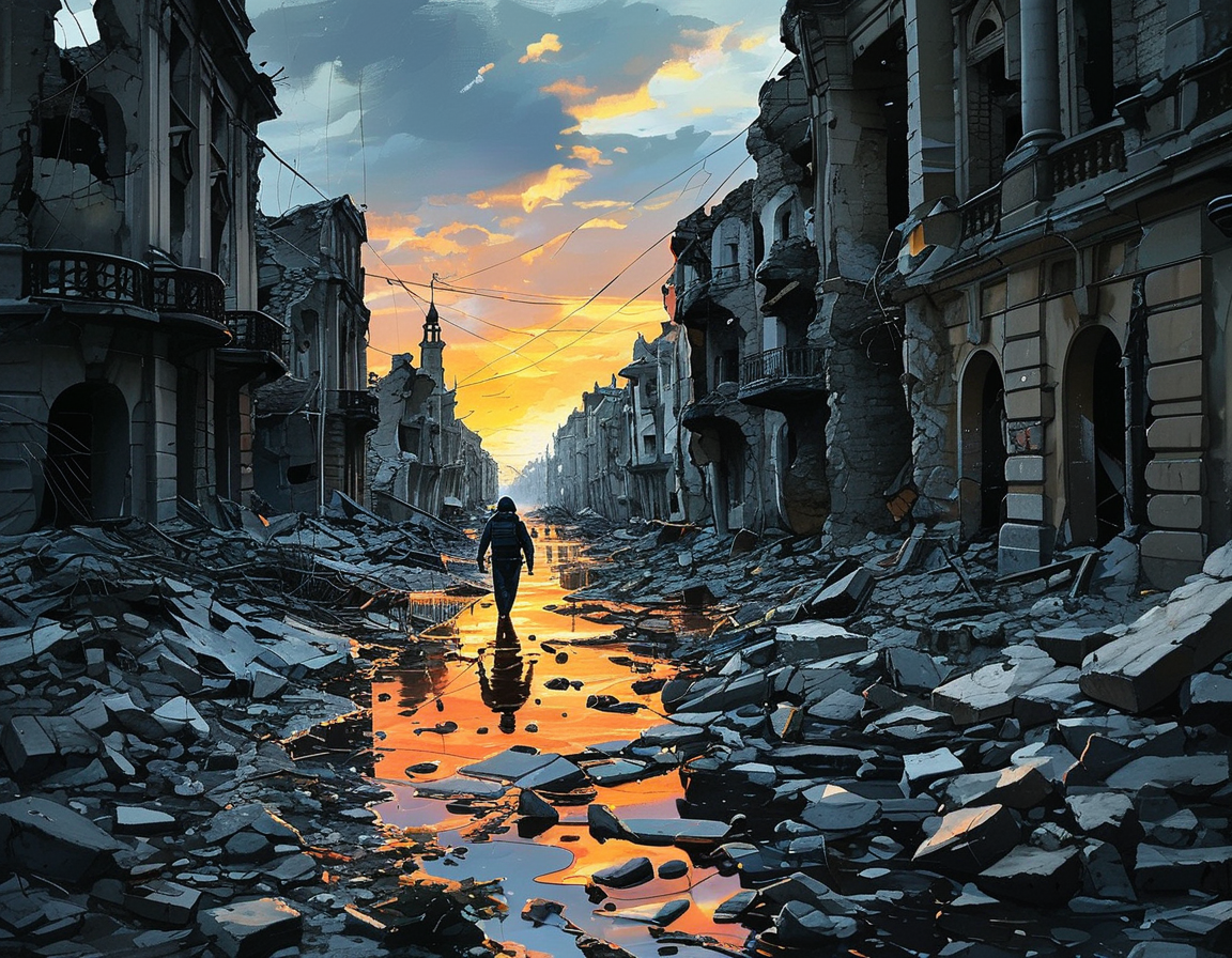 A somber view of destruction in Zaporizhzhia, Ukraine, with debris scattered and first responders on the scene, symbolizing the impact of the ongoing conflict and civilian casualties.