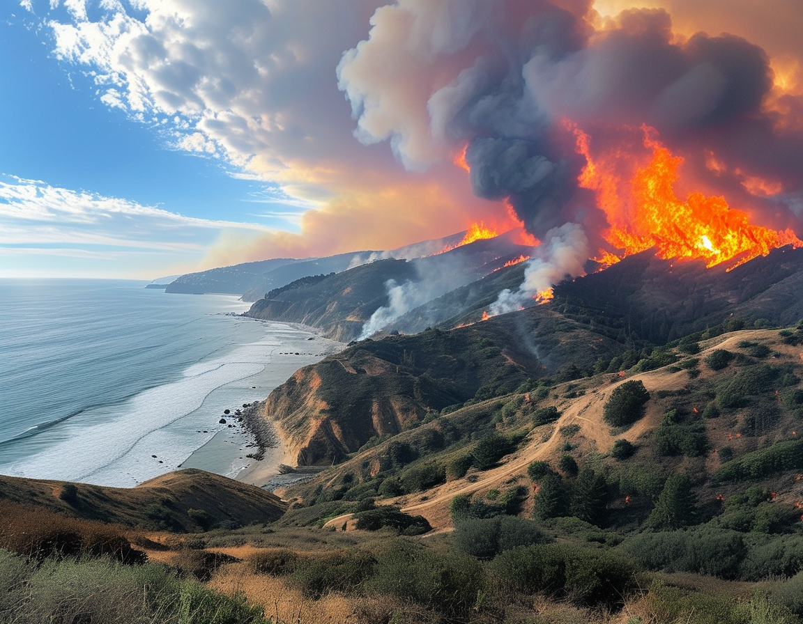 A panoramic view of the Southern California coastline engulfed in smoke from the wildfires, with flames visible on nearby hills, illustrating the destruction and urgency of evacuations.