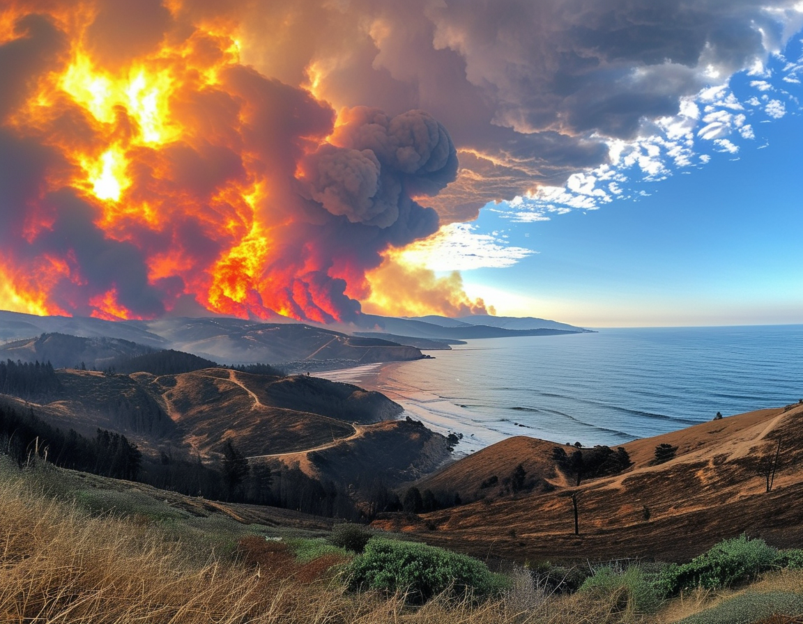 Firefighters battling the Eaton Fire amidst thick smoke and flames, showcasing their bravery and the intensity of wildfires that threaten homes and lives.
