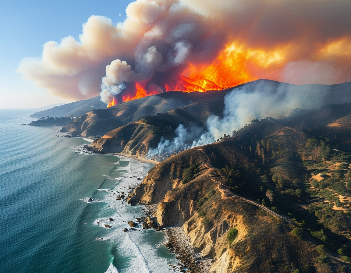 Residents fleeing their homes in Pacific Palisades, with abandoned cars lining Sunset Boulevard, capturing the panic and chaos of evacuation during the wildfire crisis.