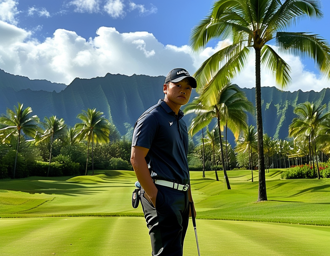 Byeong Hun An stands on the golf course at Waialae Country Club, displaying a determined expression as he prepares to take his shot. The lush greens and palm trees of Hawaii create a vibrant backdrop, symbolizing his eagerness to play well at the Sony Open.