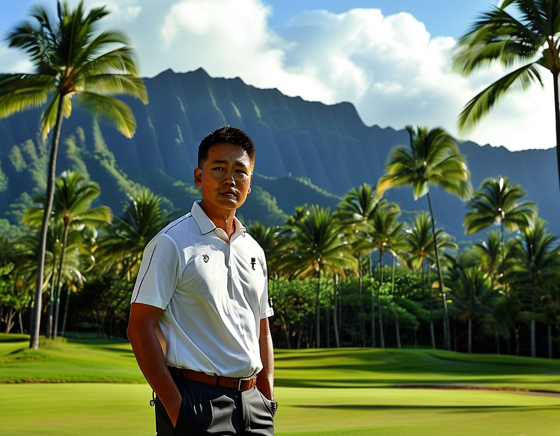 An is surrounded by his family at the Sony Open, smiling and enjoying each other's company on the scenic golf course. This moment showcases the support system that fuels his ambition and success in golf.