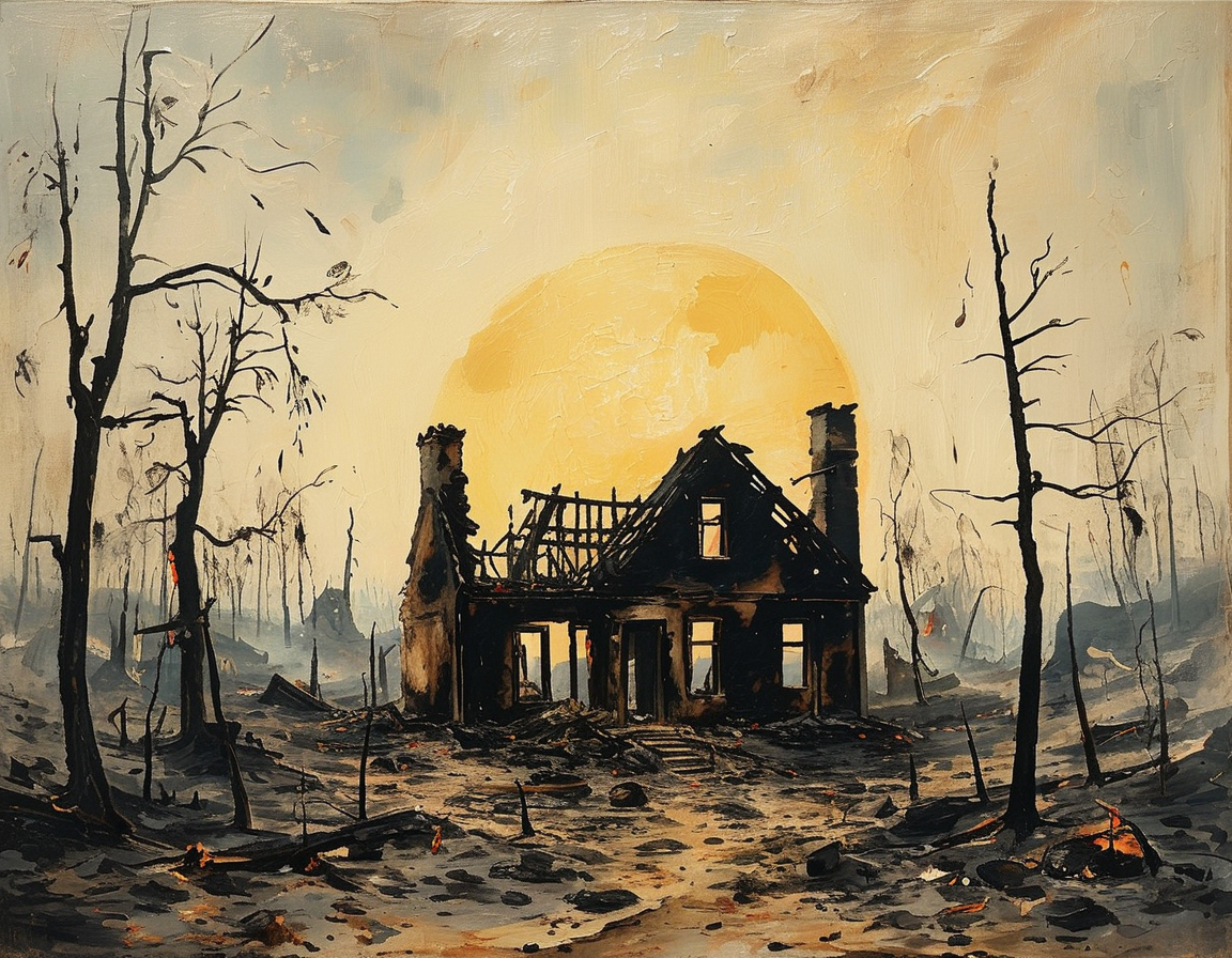 A poignant image of ashes and charred remnants of a house, symbolizing loss and the end of cherished memories, with a soft sun shining in the background.