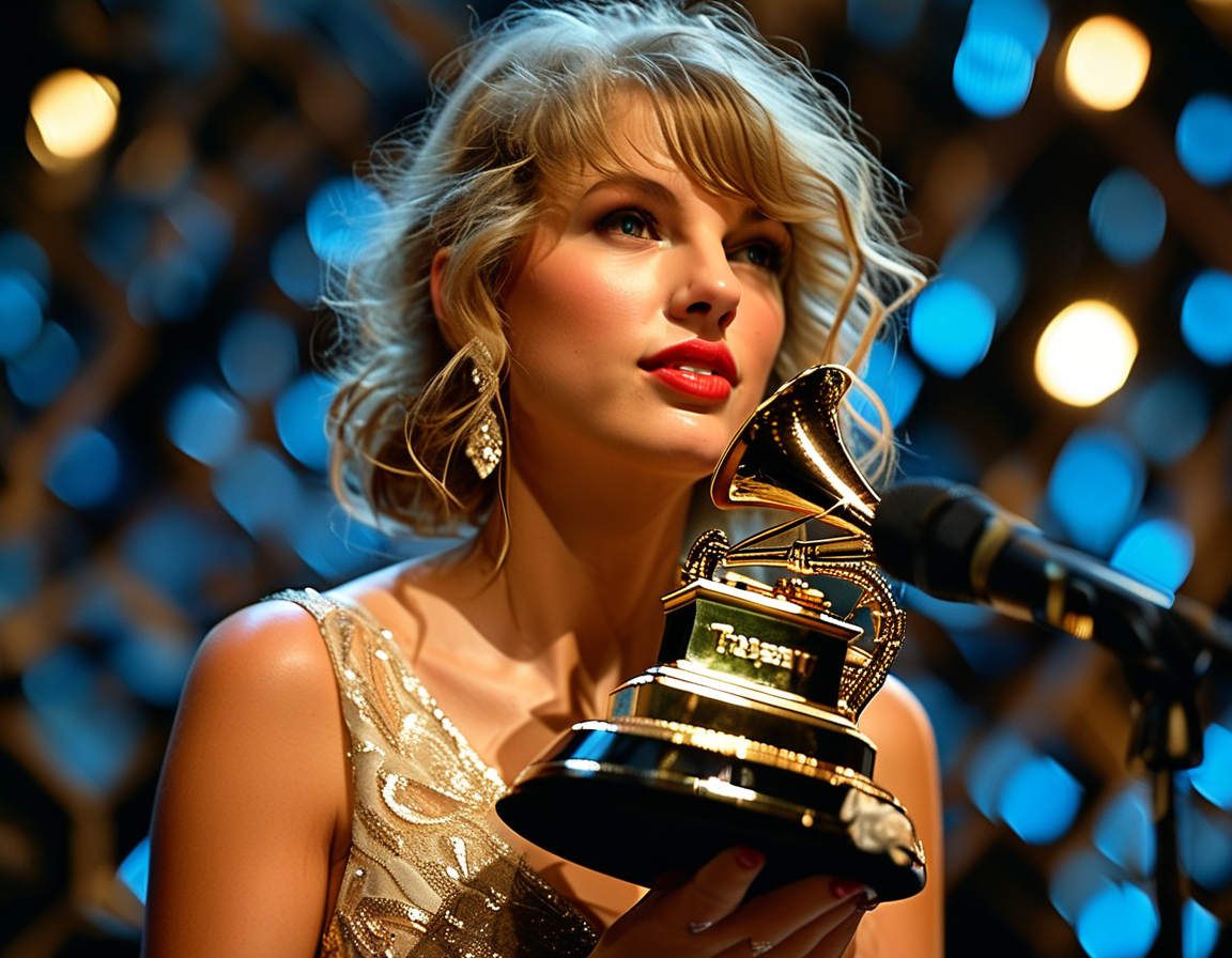 An inspiring photograph of Taylor Swift on stage at the Grammy Awards, holding her Grammy trophies with pride, symbolizing her success and journey in the music industry.