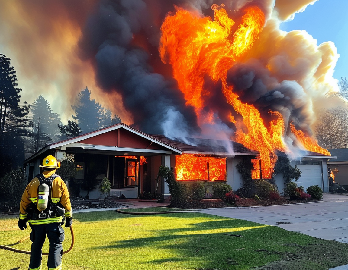 A striking image of flames engulfing a home, with smoke billowing into the sky, symbolizing the devastation brought by wildfires in Malibu. Firefighters are seen battling the flames.