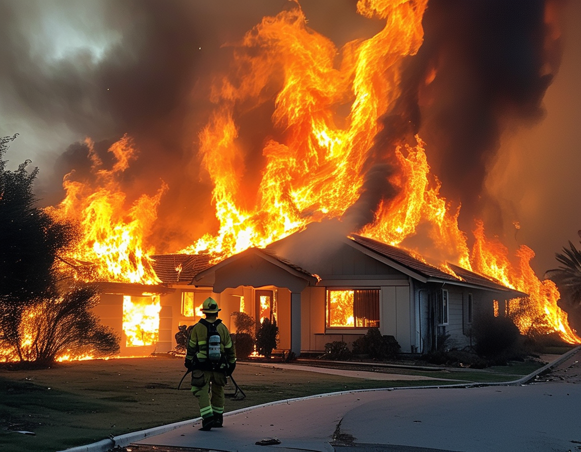 A poignant scene of a family looking devastated in front of a burned-down home, illustrating the emotional impact of wildfires on families and communities.