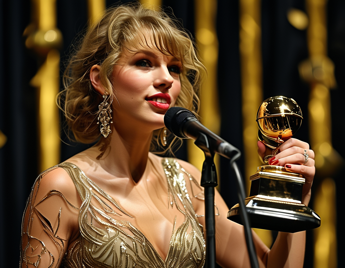 A collage featuring a timeline of Taylor Swift's Grammy moments, showing her on stage at various award ceremonies, capturing the excitement of each win.