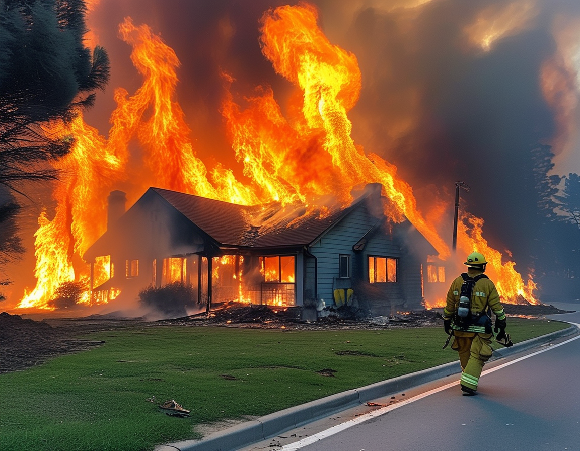 A serene image of a firefighter bravely fighting a wildfire, showcasing the courage and dedication of first responders amid chaos and heartbreak.