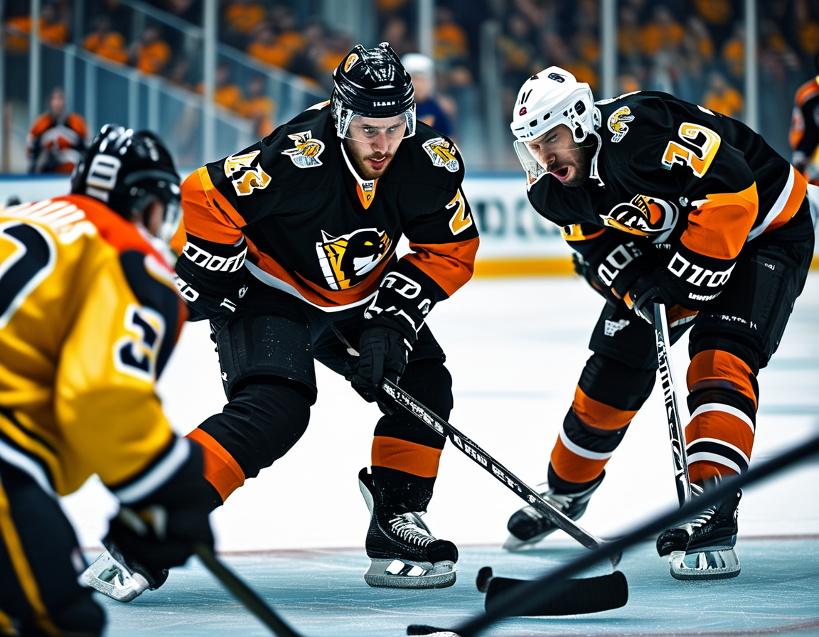 A dramatic scene from an NHL game featuring the Florida Panthers in action against an unnamed team, showcasing players vying for the puck with intensity. The background displays fans filled with anticipation for the matchup.