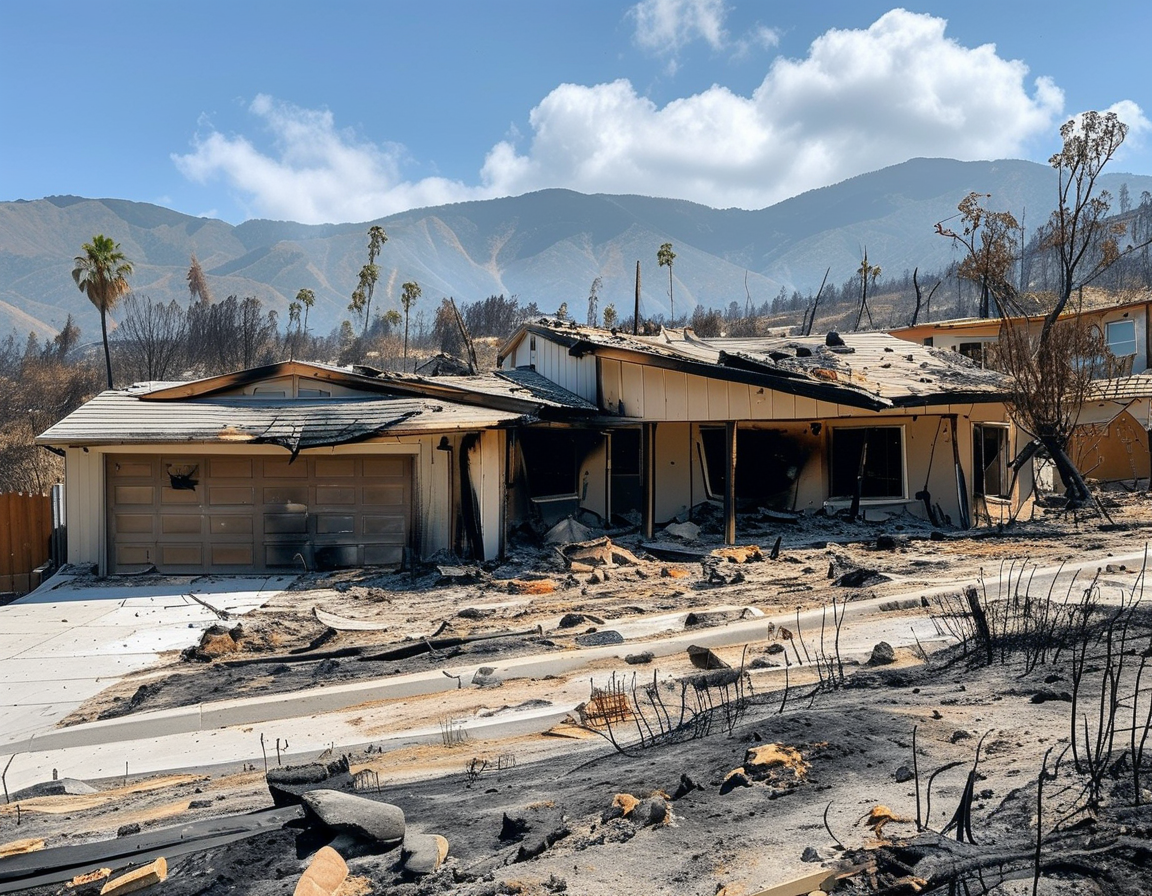 A devastated neighborhood in California following wildfires, with burnt homes and ash-covered landscapes, showing the impact of natural disasters on communities.