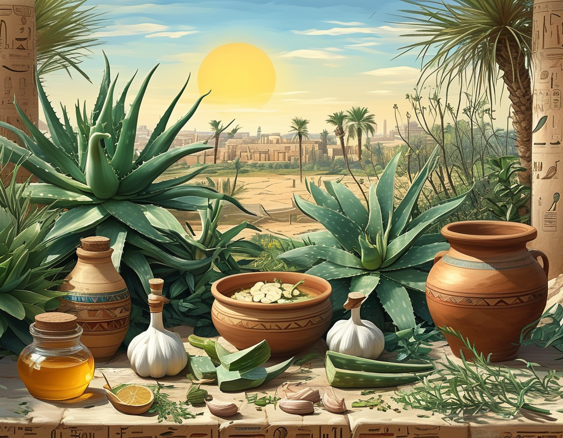 A serene scene depicting various ancient Egyptian herbal remedies, showcasing Aloe Vera, Garlic, and Honey, along with pottery and essential oils in a sunlit Egyptian landscape.