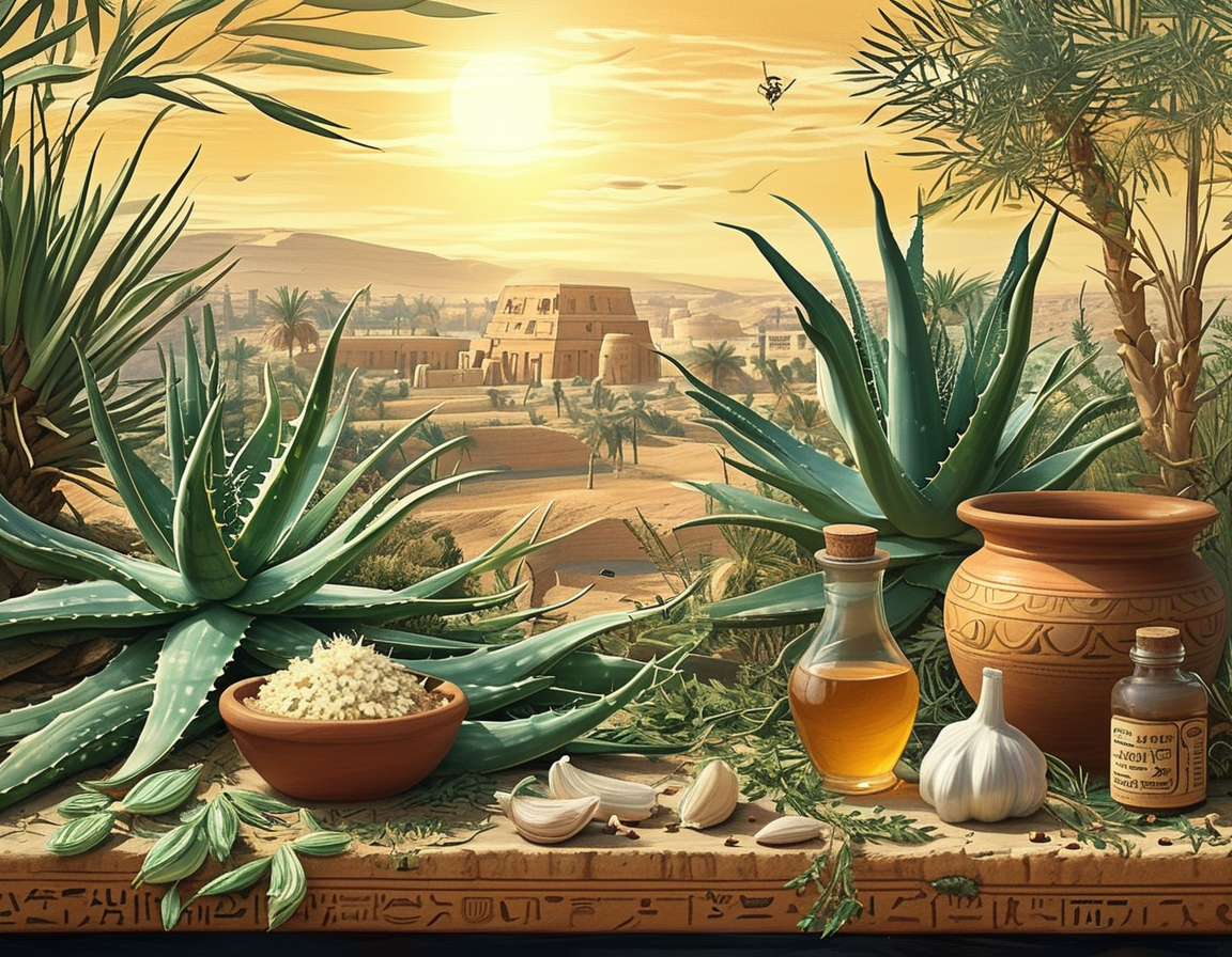 A close-up view of ancient Egyptian scrolls detailing natural remedies, with a backdrop of lush herbs like garlic and aloe vera, reflecting the harmony of nature and health.