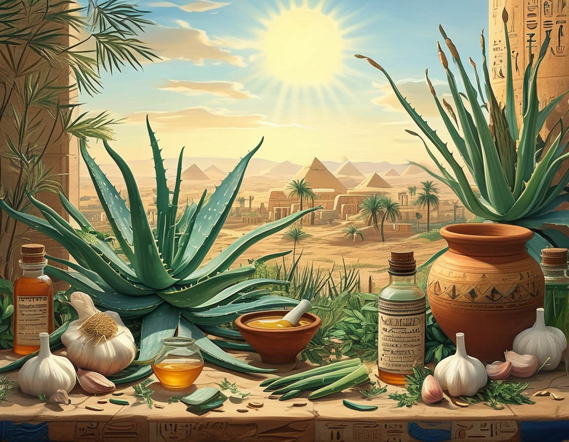 An artistic representation of ancient Egyptians practicing holistic healing, incorporating massage and essential oils, surrounded by symbols of spirituality and health.