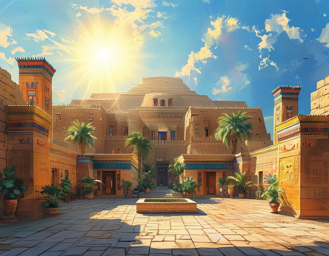 An illustration depicting an ancient Egyptian home constructed with earth bricks, featuring a central courtyard bathed in sunlight, surrounded by walls adorned with vibrant colors.