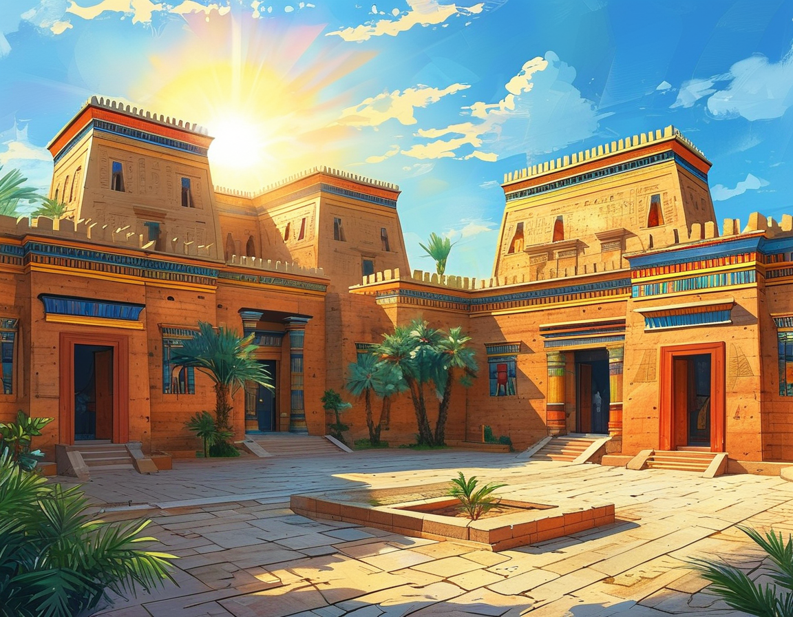 An artist's rendering of an ancient Egyptian neighborhood, complete with homes featuring wooden doors and high windows, capturing the essence of creativity and intention in design.
