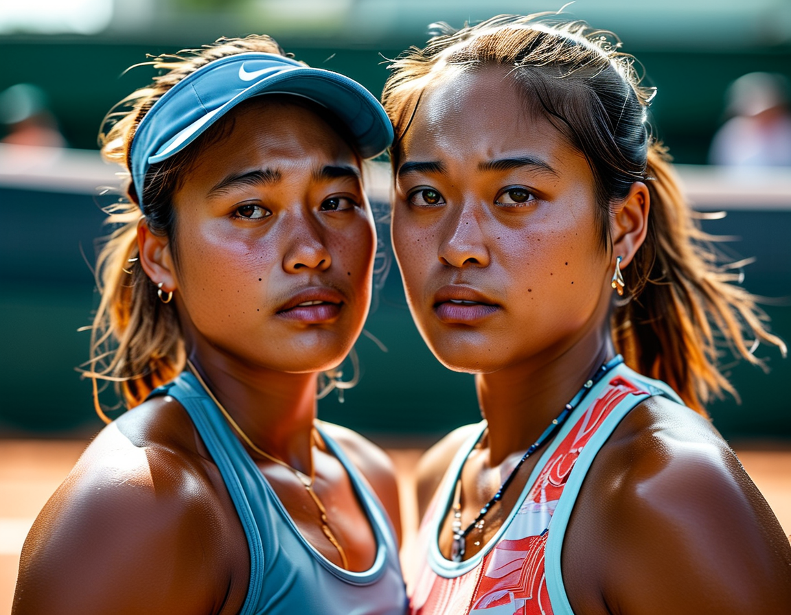 A split image of Naomi Osaka and Cordae looking reflective, with backgrounds showcasing their journeys in tennis and music, symbolizing their shared but separate paths.