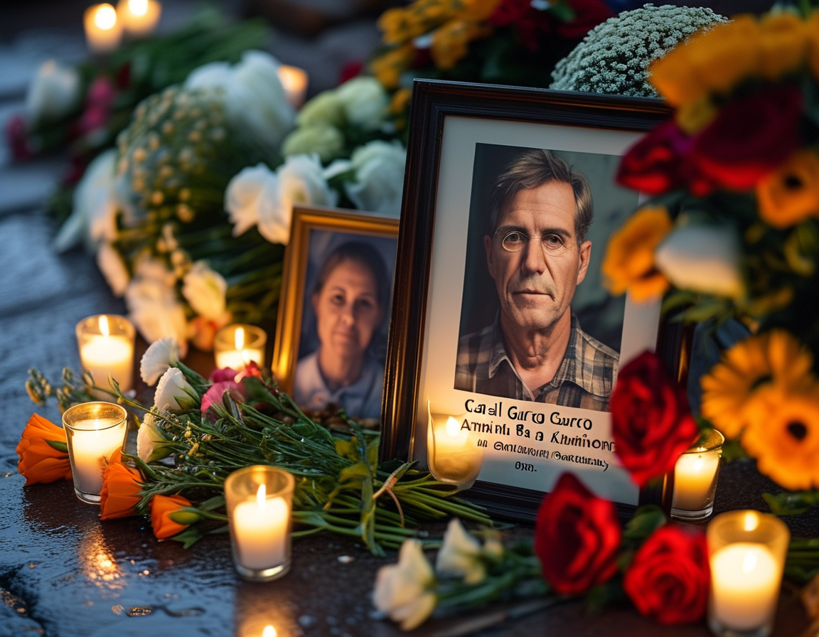 A somber image of a candlelight vigil in Calgary, surrounded by flowers and photographs of Ania Kaminski and her father, symbolizing the community's mourning and call for awareness on domestic violence.