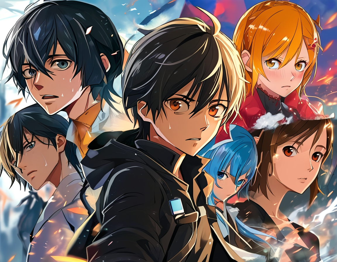 An illustration showcasing various characters from popular 2023 anime series, including dynamic scenes from 'Dan Da Dan', 'Bleach', and 'Re:Zero', highlighting their emotional struggles and adventures.