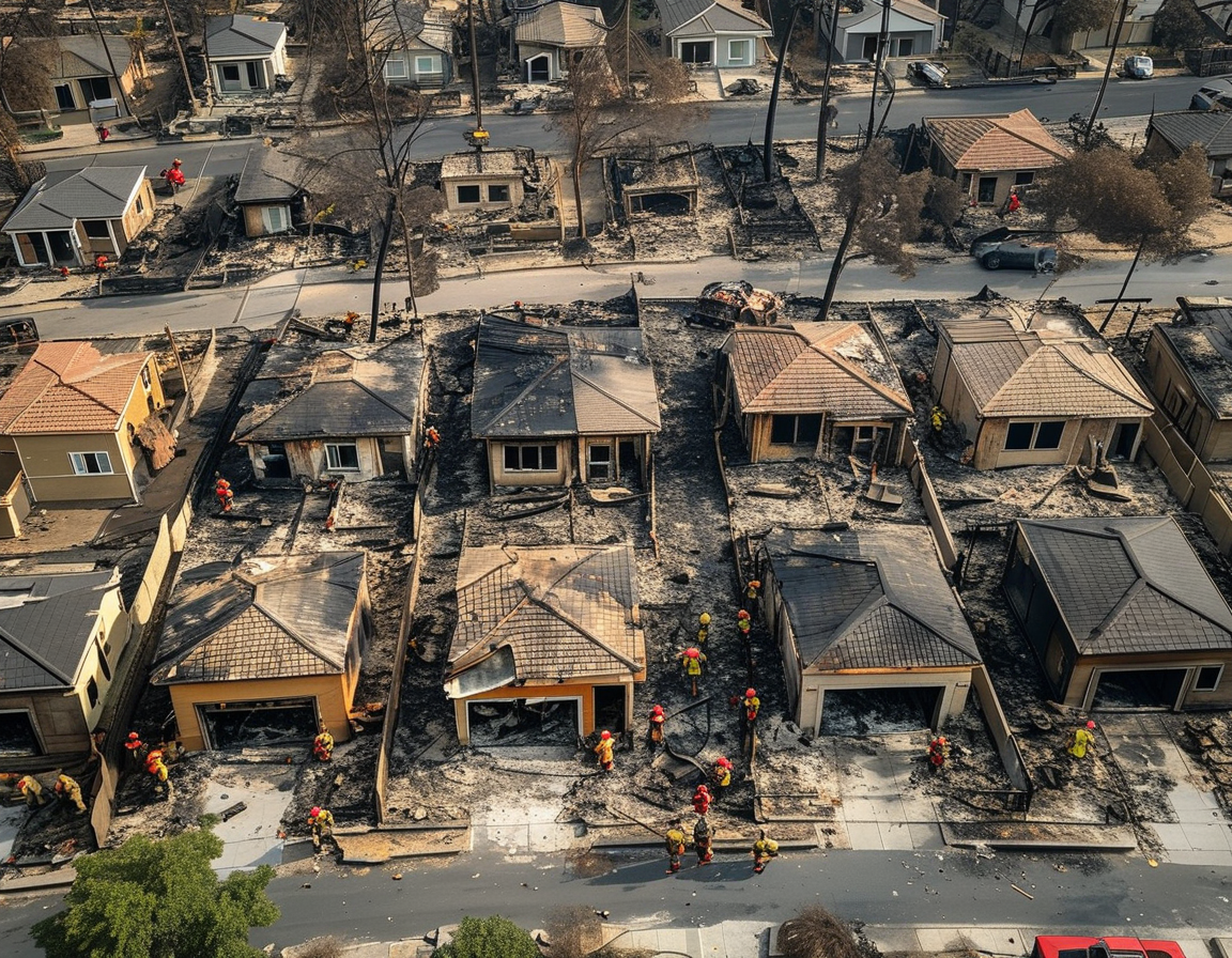 Aerial view of burnt homes in a neighborhood in Los Angeles, with firefighters working in the foreground, showcasing the scale of devastation from the recent fires.