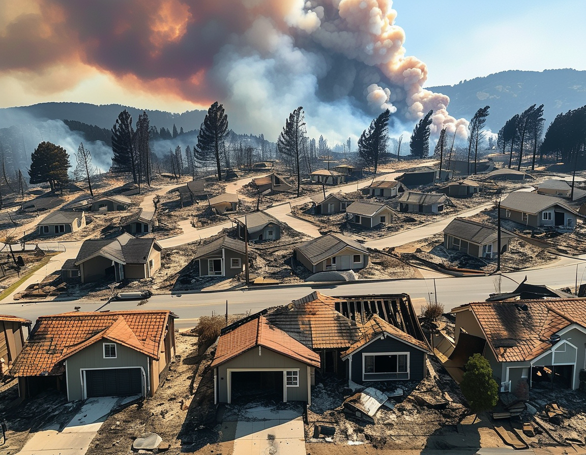 Aerial view of burned homes in Pacific Palisades, California, showcasing the destruction caused by the recent wildfires, with smoke still rising in the background.
