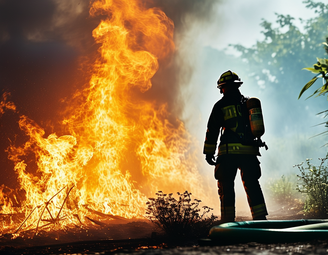 An image depicting a firefighter battling flames amidst scorched earth, with a backdrop of a smoky sky. The silhouette of a garden hose lays nearby, symbolizing the struggle to protect home and family.