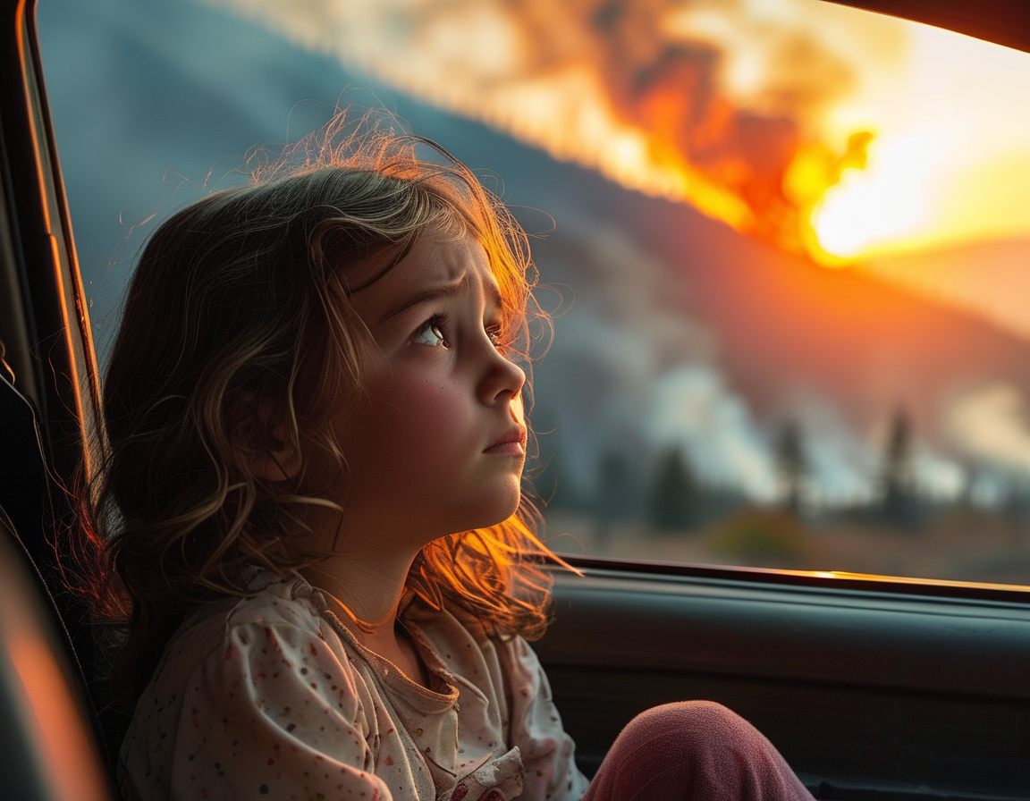 A young girl sits in a car, staring at a red sun shrouded in smoke, reflecting on the wildfire chaos around her, embodying fear and uncertainty.