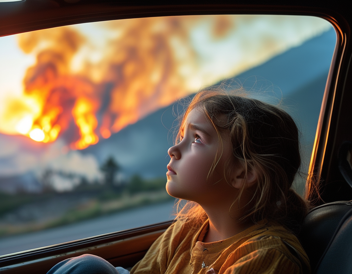 A classroom with empty desks and chairs, symbolizing the disruption in education caused by wildfires, showcasing the loss of safe spaces for children.