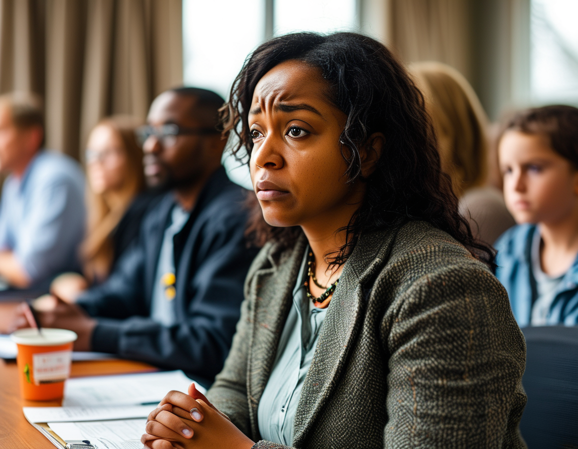 A concerned parent attends a school board meeting, expressing fears about student safety in light of recent gun violence incidents within schools, with teachers and community members listening intently.