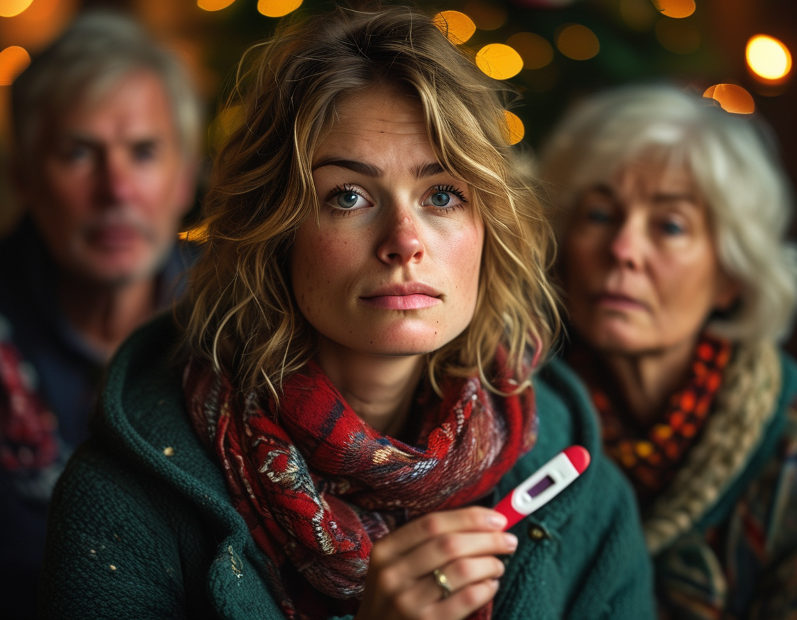 Annie Knight, looking anxious yet hopeful, is surrounded by family on Christmas Eve, holding a pregnancy test as they await the results, reflecting a moment of suspense and emotional tension.