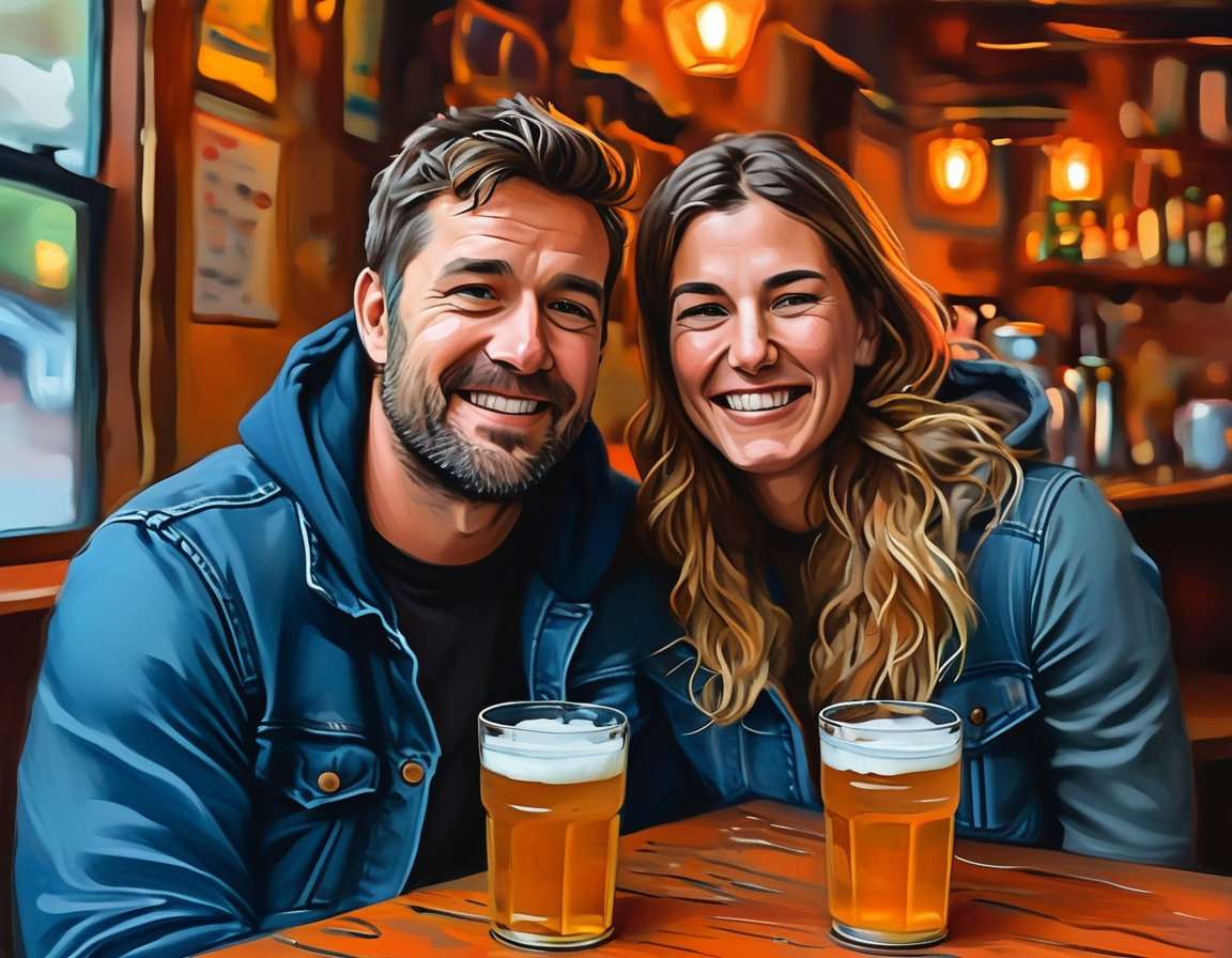 A vibrant illustration of Kylie and Jason Kelce smiling at a cozy bar during their first date, capturing the unexpected moments that lead to lasting love.