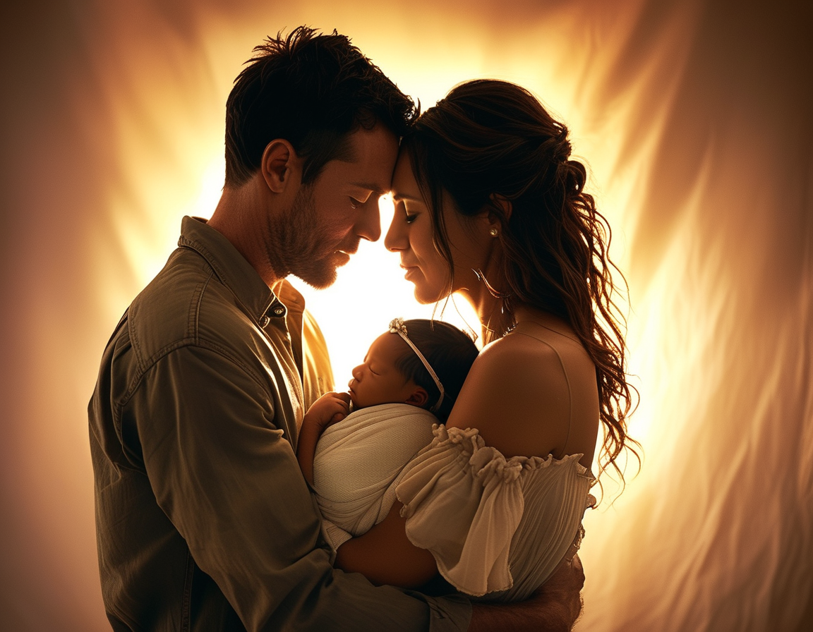 A touching image of Sera and Dustin Young holding their newborn baby Tex, surrounded by a warm glow that symbolizes love and hope amid their challenging journey with cancer.