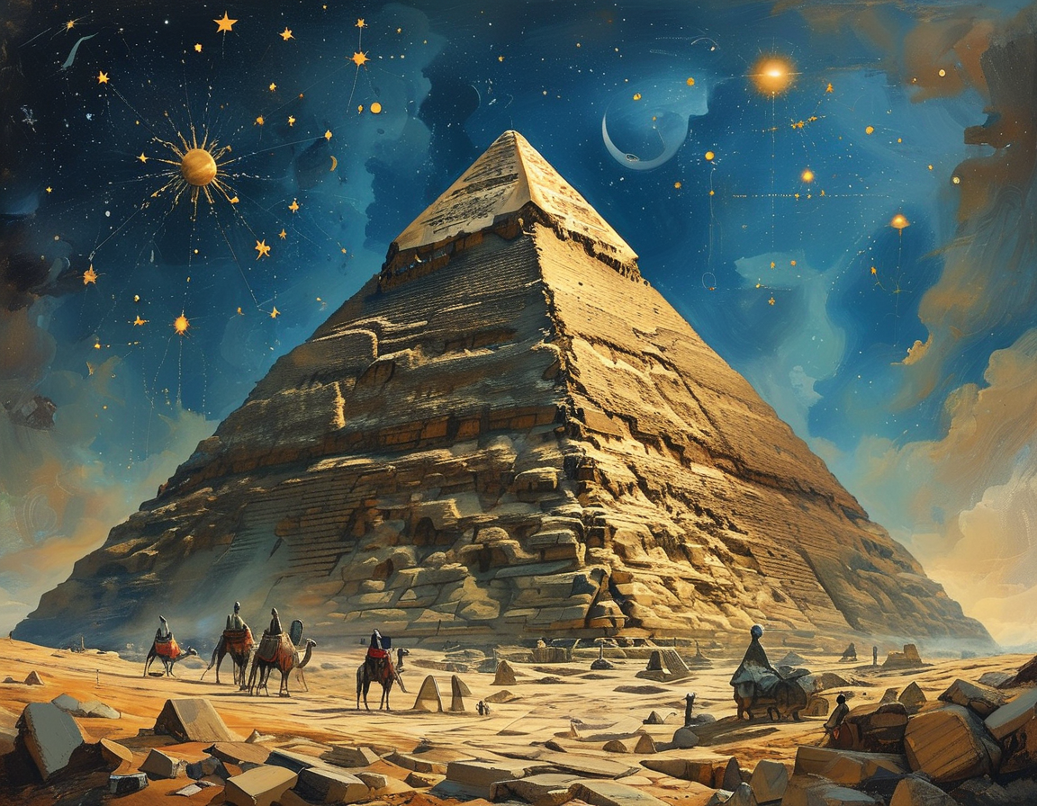 An artist's interpretation of the Great Pyramid of Giza, showing its precise alignment with the stars and strange alien-like figures depicted in ancient hieroglyphs.
