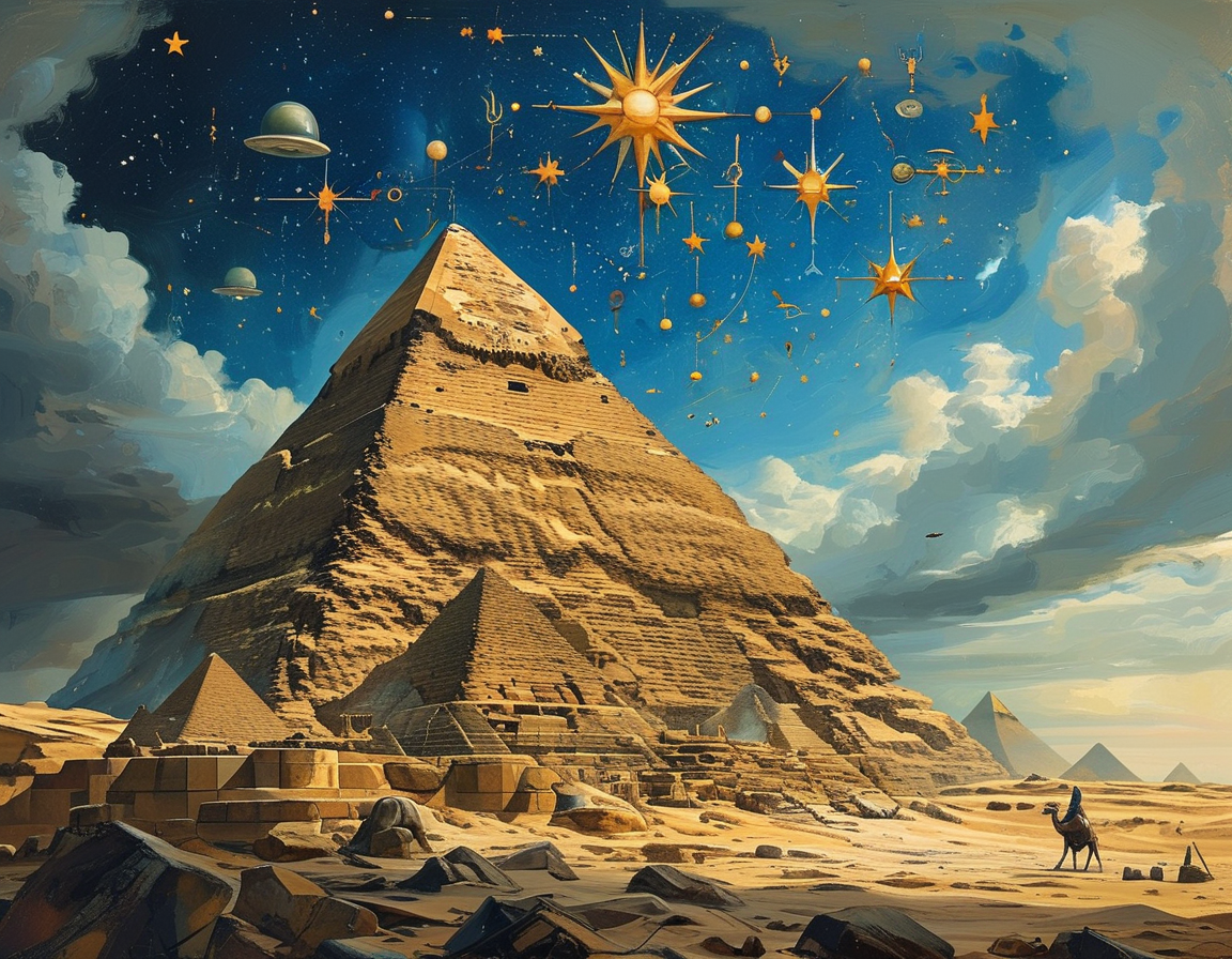 A panoramic view of the Pyramids of Giza at sunset, surrounded by the desert, symbolizing both human achievement and the allure of ancient mysteries.