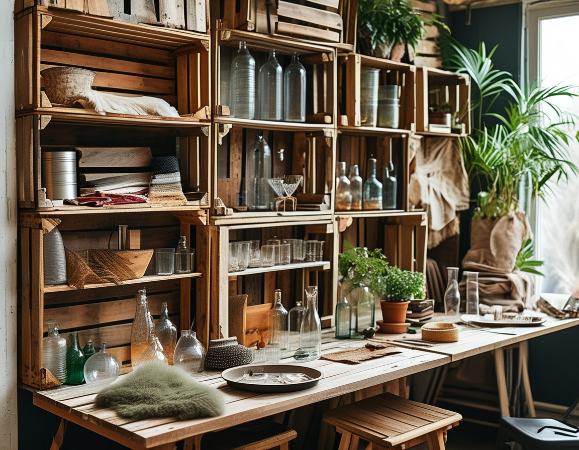 A creative workspace filled with various recycled materials, including wooden pallets, glass bottles, and fabric scraps, showcasing the potential for transforming waste into beautiful home decor and fashion pieces.