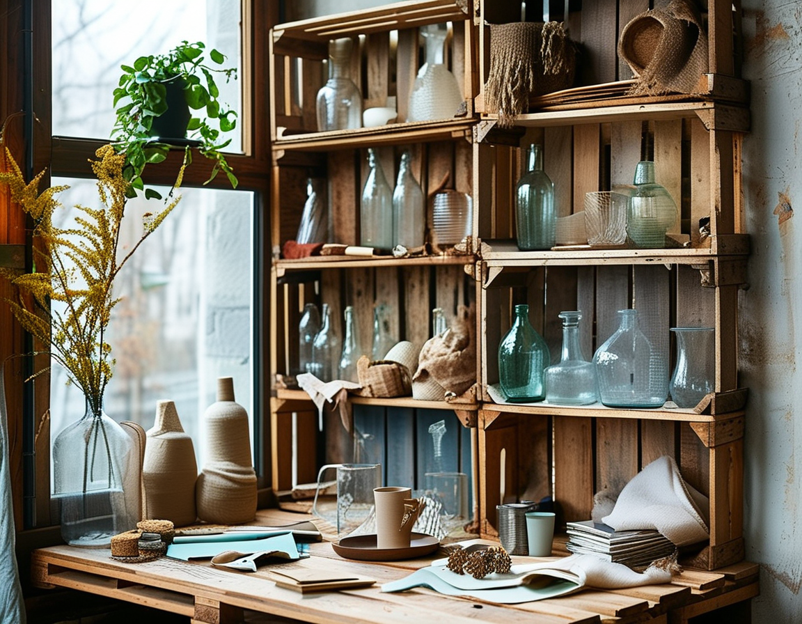 A collection of handmade items made from recycled materials, including unique jewelry, stylish tote bags, and colorful art from bottle caps, demonstrating the endless possibilities of creative recycling.