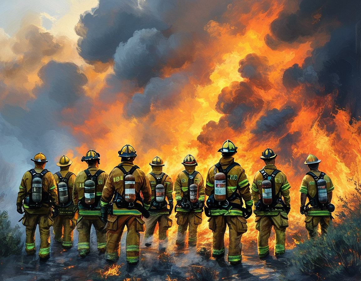 A group of inmates in firefighting gear working together as they combat a raging wildfire, showcasing teamwork and bravery under smoke-filled skies.