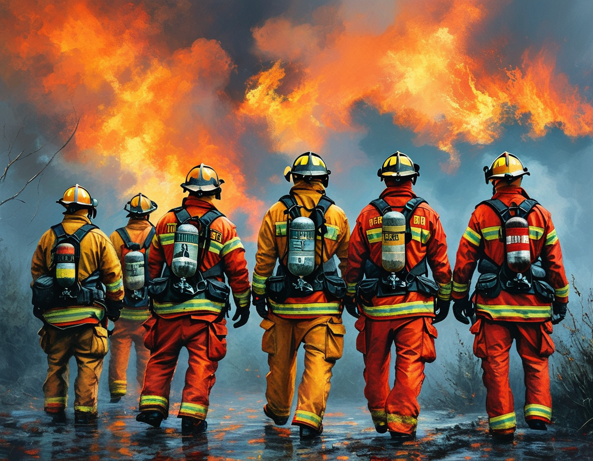 Inmates operating firefighting equipment, surrounded by flames, demonstrating their dedication in the midst of a challenging and dangerous situation.