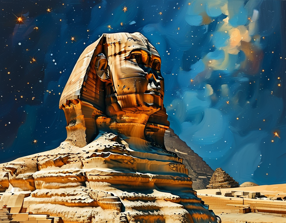 An artistic representation of the Great Sphinx of Giza under a starry sky, symbolizing the mystery and awe of ancient Egyptian mythology and its secrets waiting to be uncovered.