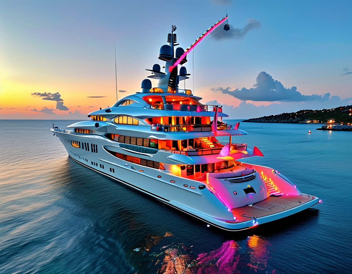 A panoramic view of Rod Stewart's luxurious 288-foot super yacht anchored in the Caribbean, decorated with vibrant party lights, capturing the festive atmosphere of his 80th birthday bash.
