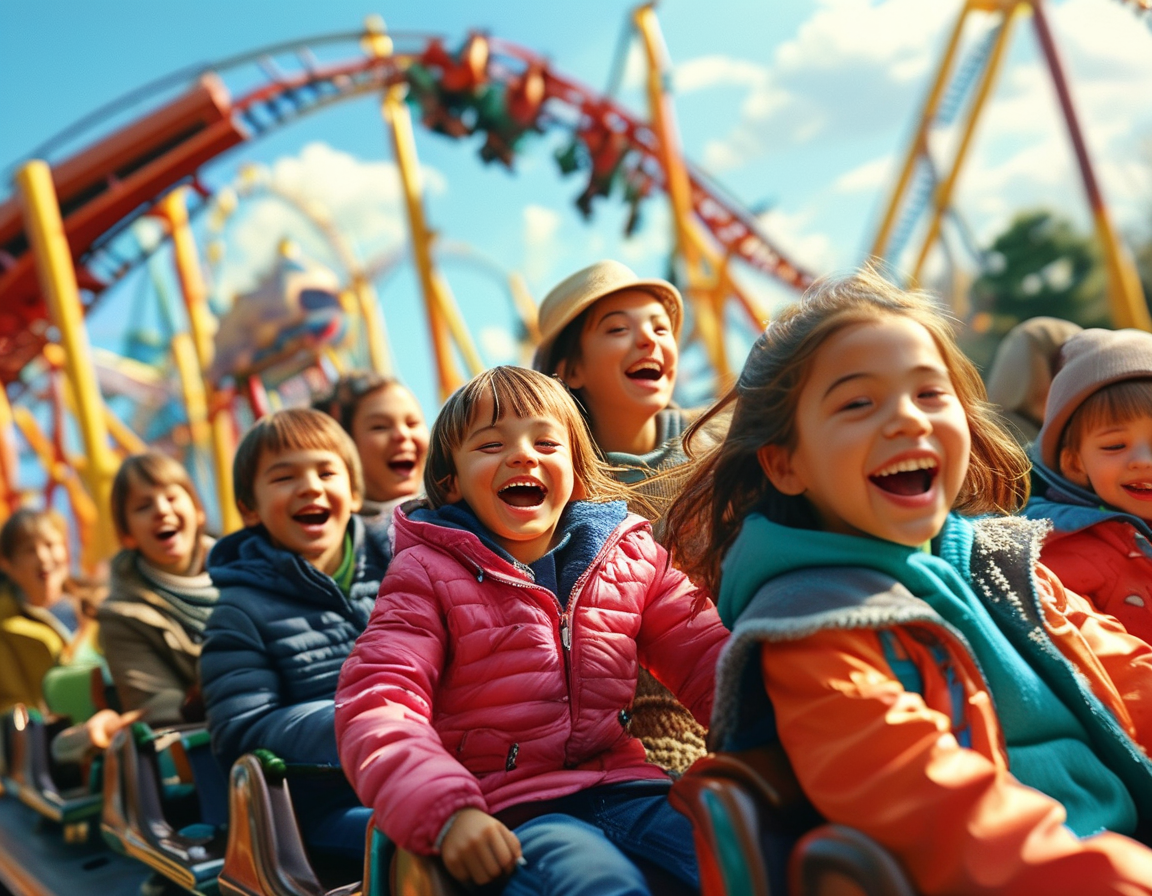 A vibrant amusement park scene featuring a roller coaster with children laughing, symbolizing the joyful moment that leads to a life-changing discovery. In the background, families enjoy the day, highlighting innocence before challenges arise.