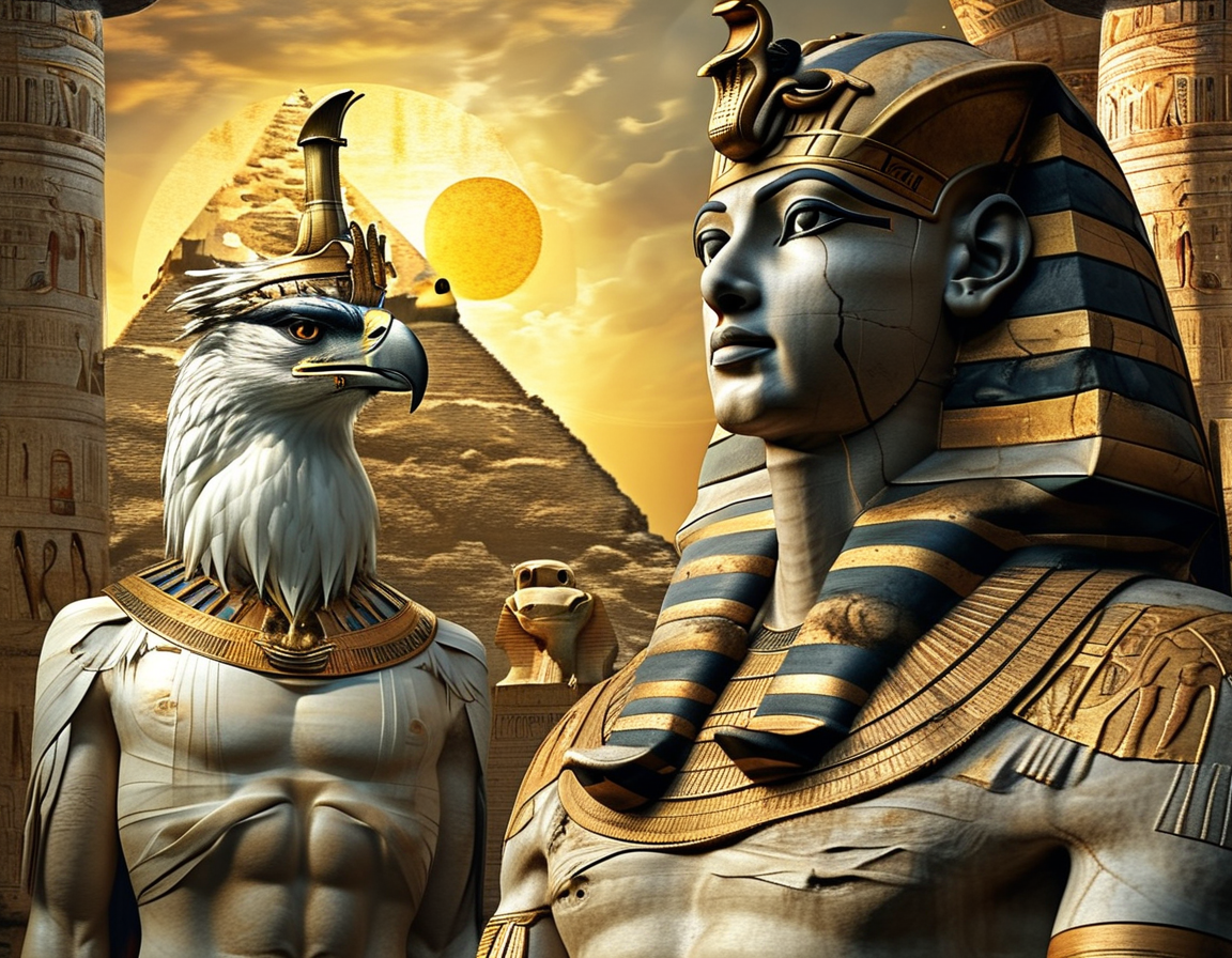 A detailed illustration of the Egyptian pantheon, featuring Ra with a falcon head and sun disk, Osiris as a mummified figure, Isis adorned with a throne crown, and Anubis with a jackal head, set against a backdrop of ancient pyramids and the sun.