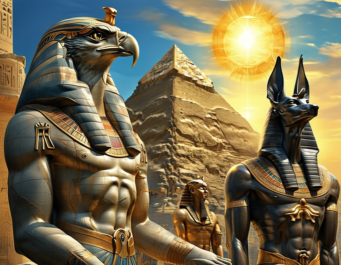 A vibrant depiction of Ra soaring across the sky in a golden barque, surrounded by celestial bodies and symbols of life, illustrating his role as the bringer of light and creation.