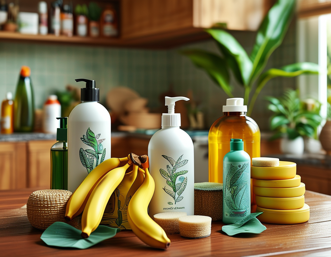 A vibrant kitchen scene featuring banana peels surrounded by skincare products, hair care items, and household cleaning supplies, illustrating the versatility of banana peels in natural remedies.