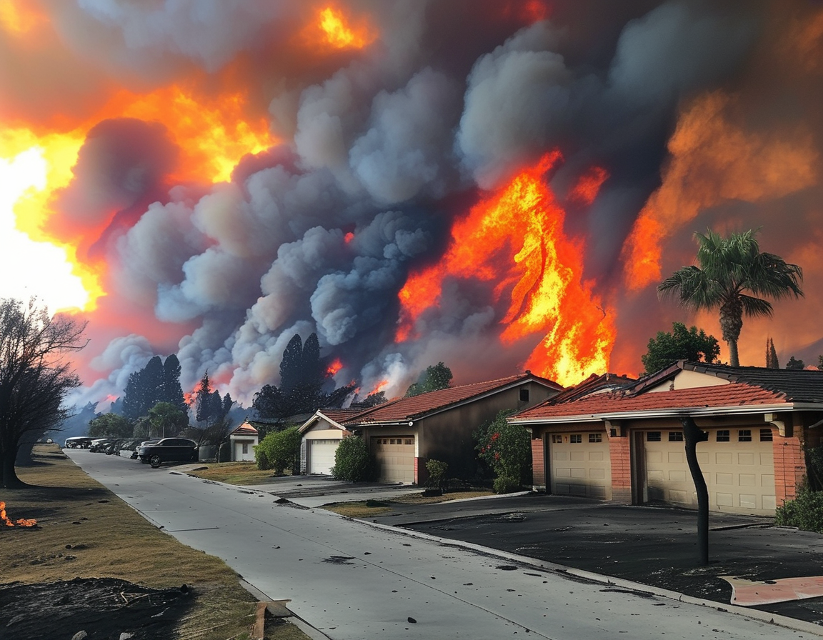 A photo of Malibu's charred landscape, smoke billowing from the aftermath of wildfires, representing the loss of homes and community struggle.