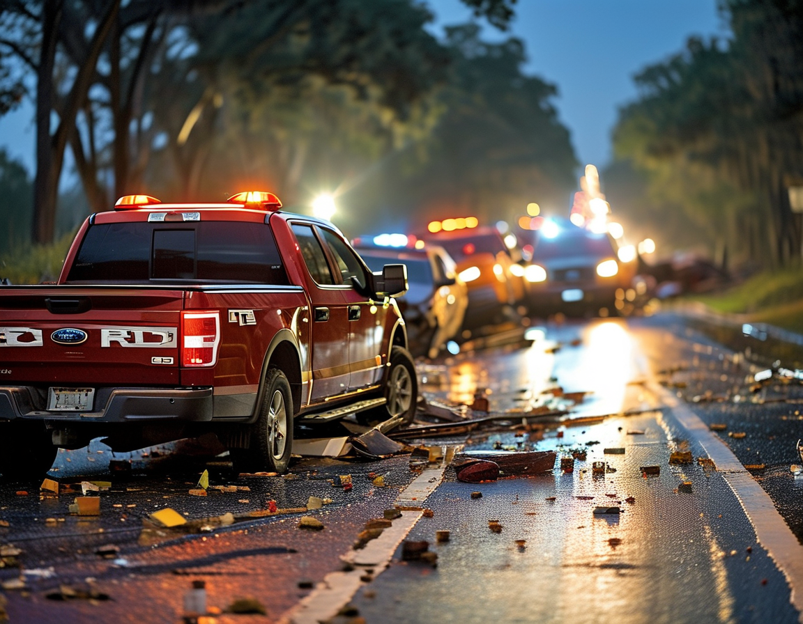 An image depicting the aftermath of a multi-vehicle crash on a dimly lit South Carolina road, with emergency responders attending to the scene and a maroon Ford F-150 involved in the collision.