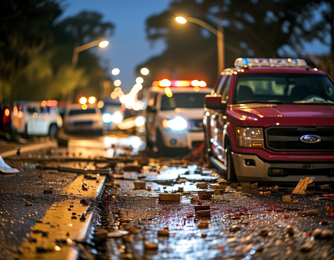 A close-up shot of a police officer speaking with an injured man, Robert Quinn, leaning against an emergency vehicle, blood visible on his person, showcasing the chaos of the incident.